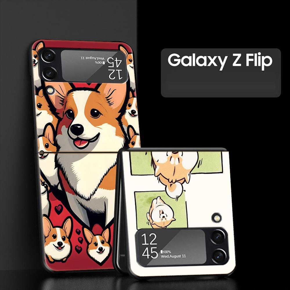 Cute Corgi Dog Hard PC Phone Case For Samsung Galaxy Z Flip 7 6 5 4 Black Cover For Galaxy Z Flip 3 Foldable Fundas Shell Capas