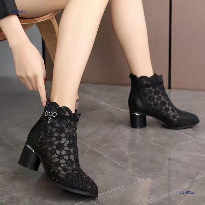 Real soft leather mesh cool boots spring and autumn hollow sandals rhinestone breathable thick heel short boots women's single boots