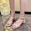 Medium Heel Sandals Women's 2025 Summer Wear Korean Version of Thick Heel Open Toe Hollow Roman Shoes Ins Super Fire High-top Cool Boots Women