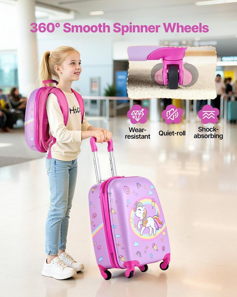 Kids Luggage Set, 2 Piece, 45.7 cm Hardside Rolling Wheels Suitcase with Hard-Shell Backpack, Unicorn Kids Carry on Luggage Set, Holiday Birthday Gift