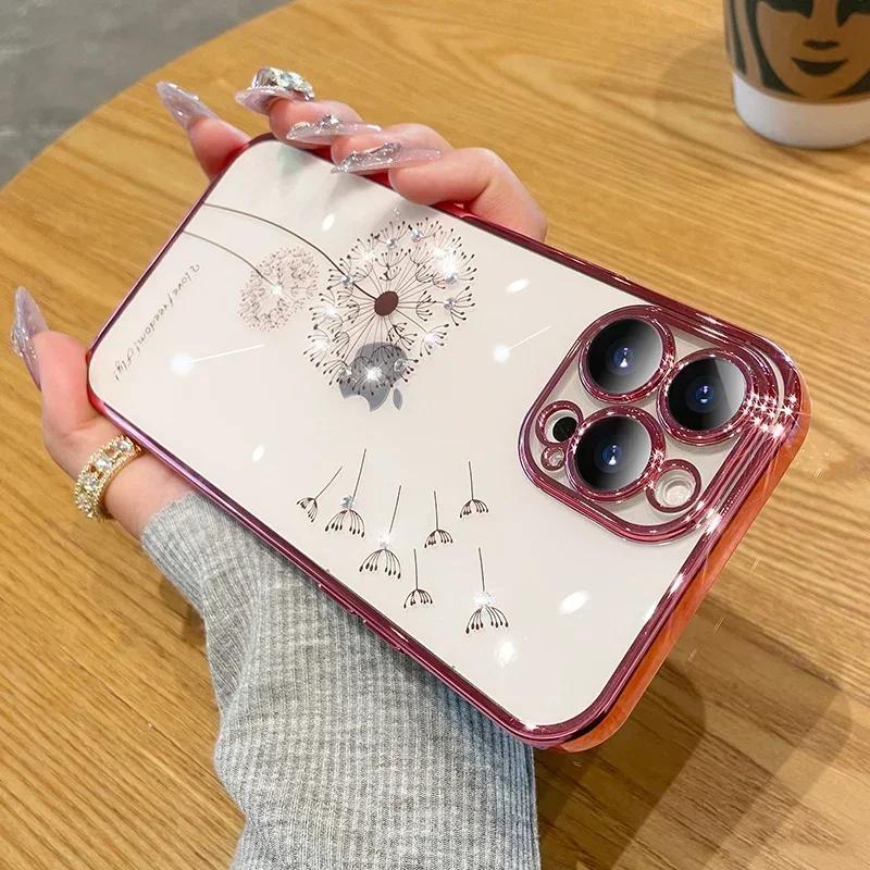 

Luxury Plating Diamond Dandelion Cover For iPhone 14 12 11 13 15 16 Pro Max X Xs Max Xr 7 8 Plus SE2 Transparent Soft Cover For iPhone 14 Pro