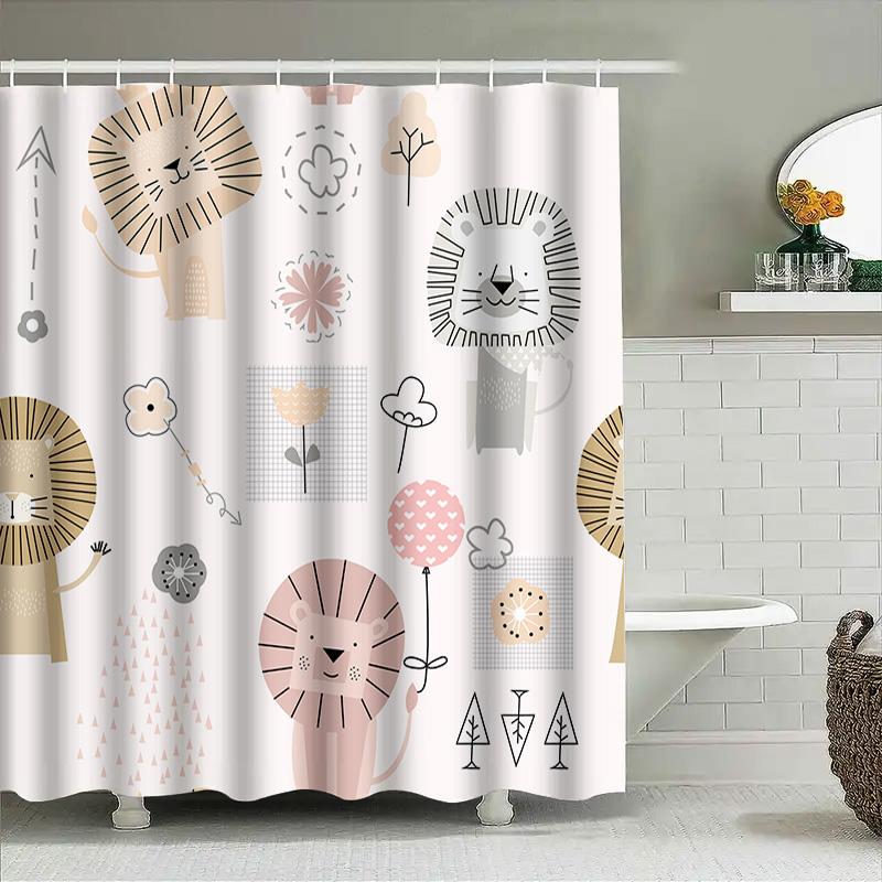 Cute Cartoon Animal Print Shower Curtain With Lion Design For Bathroom Decor Cream White Floral Kawaii Pattern Shower Curtains H