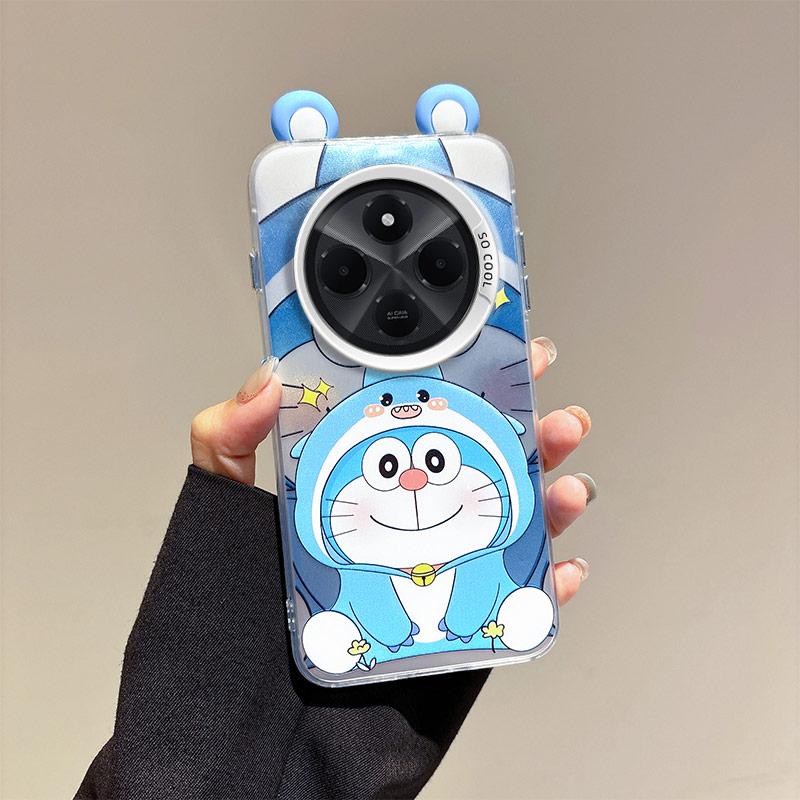 KEYSION Cute Ear Cartoon Case for Redmi 14C with Lanyard Soft Silicone+PC Shockproof Phone Back Cover for Xiaomi POCO C75
