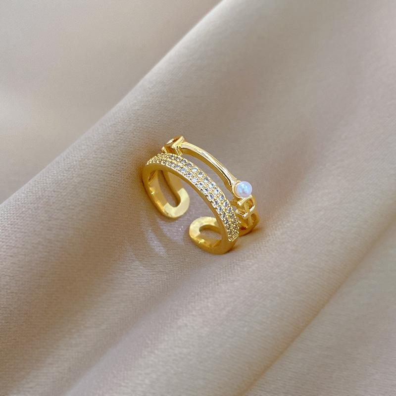 Real Gold Double-Layer Pearl Full Diamond Ring Opening Adjustable Simple Jewelry Japanese Ring Couple Ring