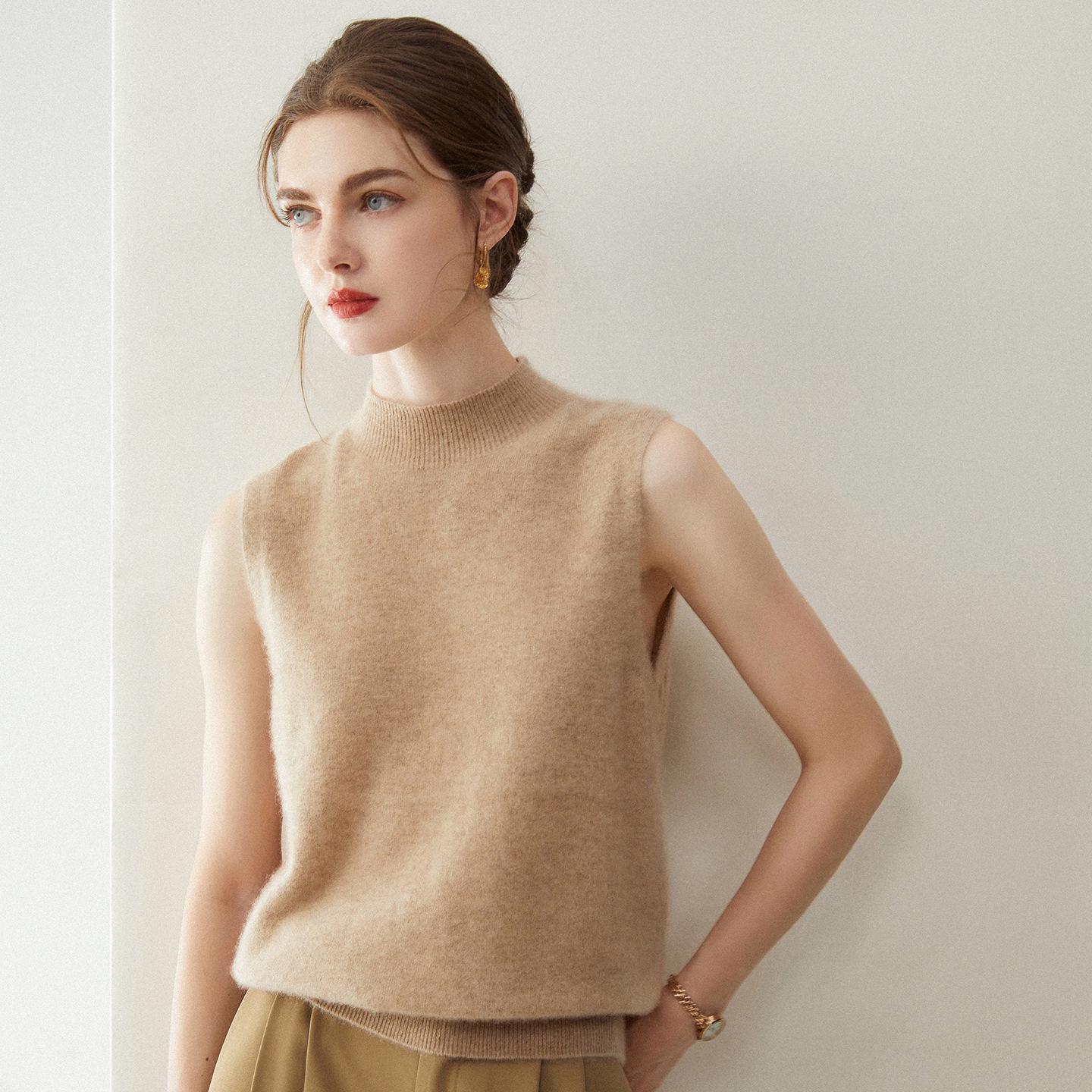 Women`s 100% Pure Cashmere Sleeveless Half-Turtleneck