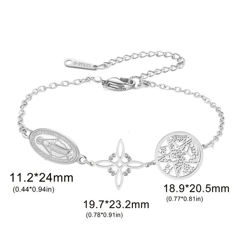 Pulsera de Triple Protección Plata Virgen María Nudo de Bruja Pentagrama Tetragrammaton Acero Inoxidable Muñeca Impermeable Joyería