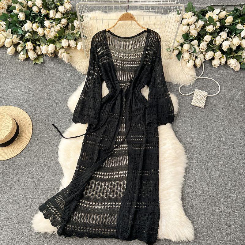 

Gentle Korean Outerwear Thin Cape Cardigan Outwear Female Mid Length Long Length Cut Out Crocheted Knitting Vacation Sun Protection Clothing