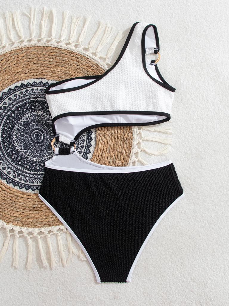 Color-matching Hollow-out One Shoulder Sexy Swimsuit Bikini