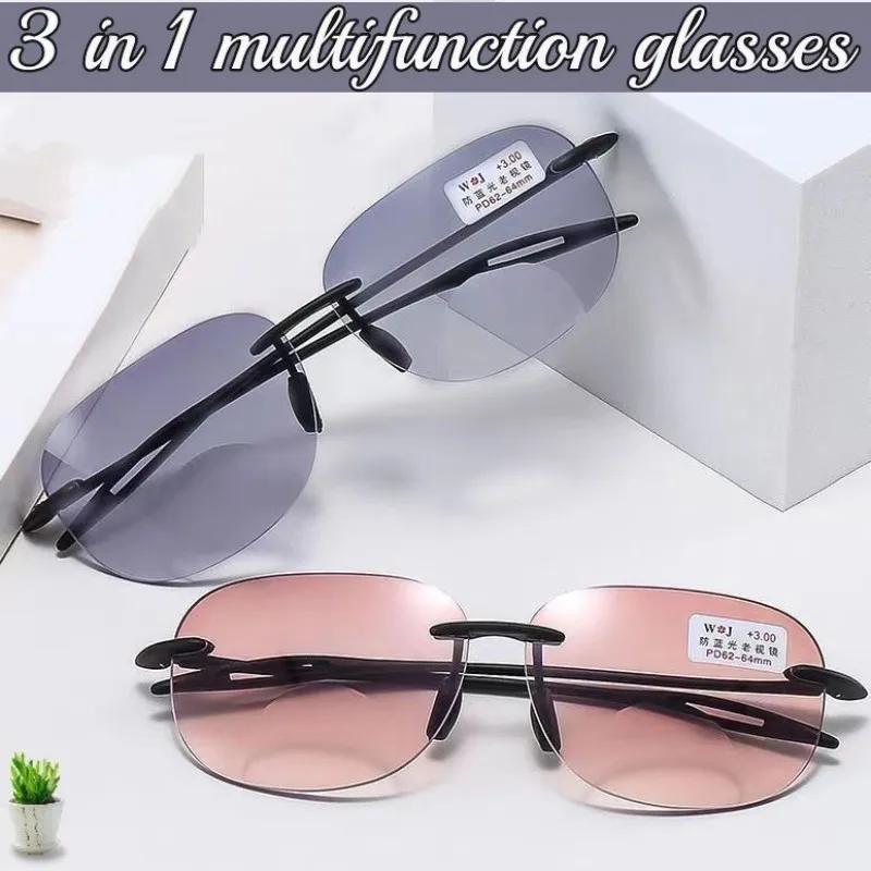 Progressive Bifocal Sun Reading Glasses For Middle-Aged Frameless Presbyopia Glasses Fashionable Prescription Eyeglasses Diopter