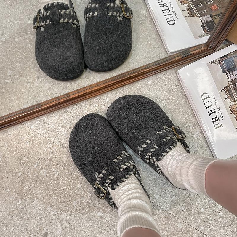 Cowhide Version~ Grey Fluffy Shoes for Women To Wear In Autumn and Winter, One Pedal, Platform Boken Shoes, Velvet Bag Head and Half Slippers.