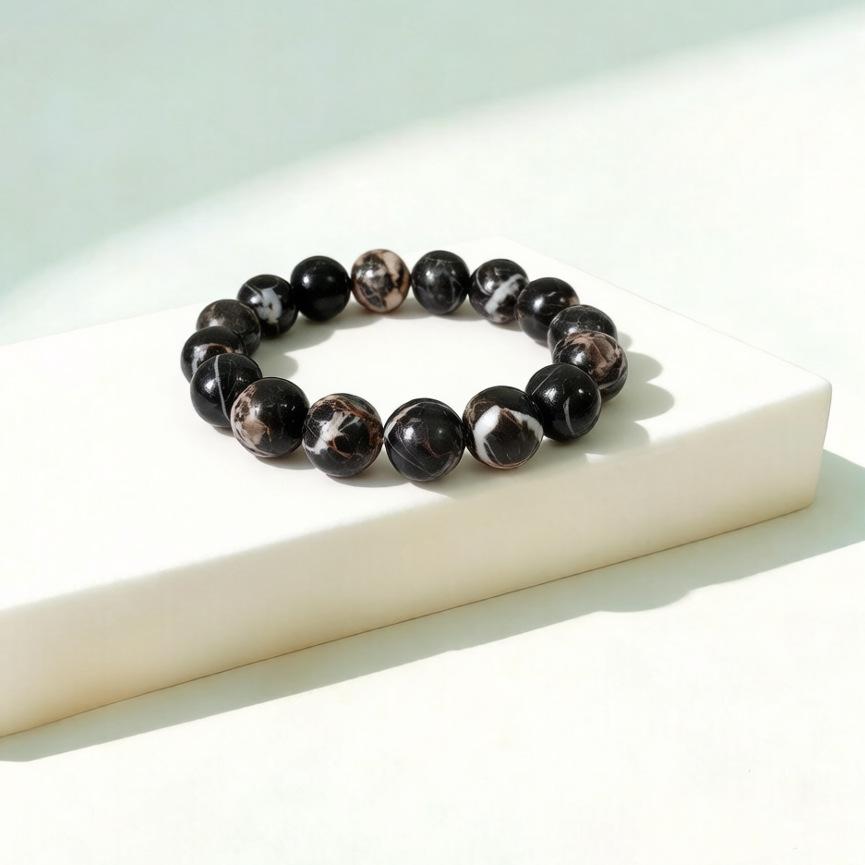 Natural black leaf vein jasper bracelet, round bead crystal bracelet, unisex jewelry, handicraft ornament.