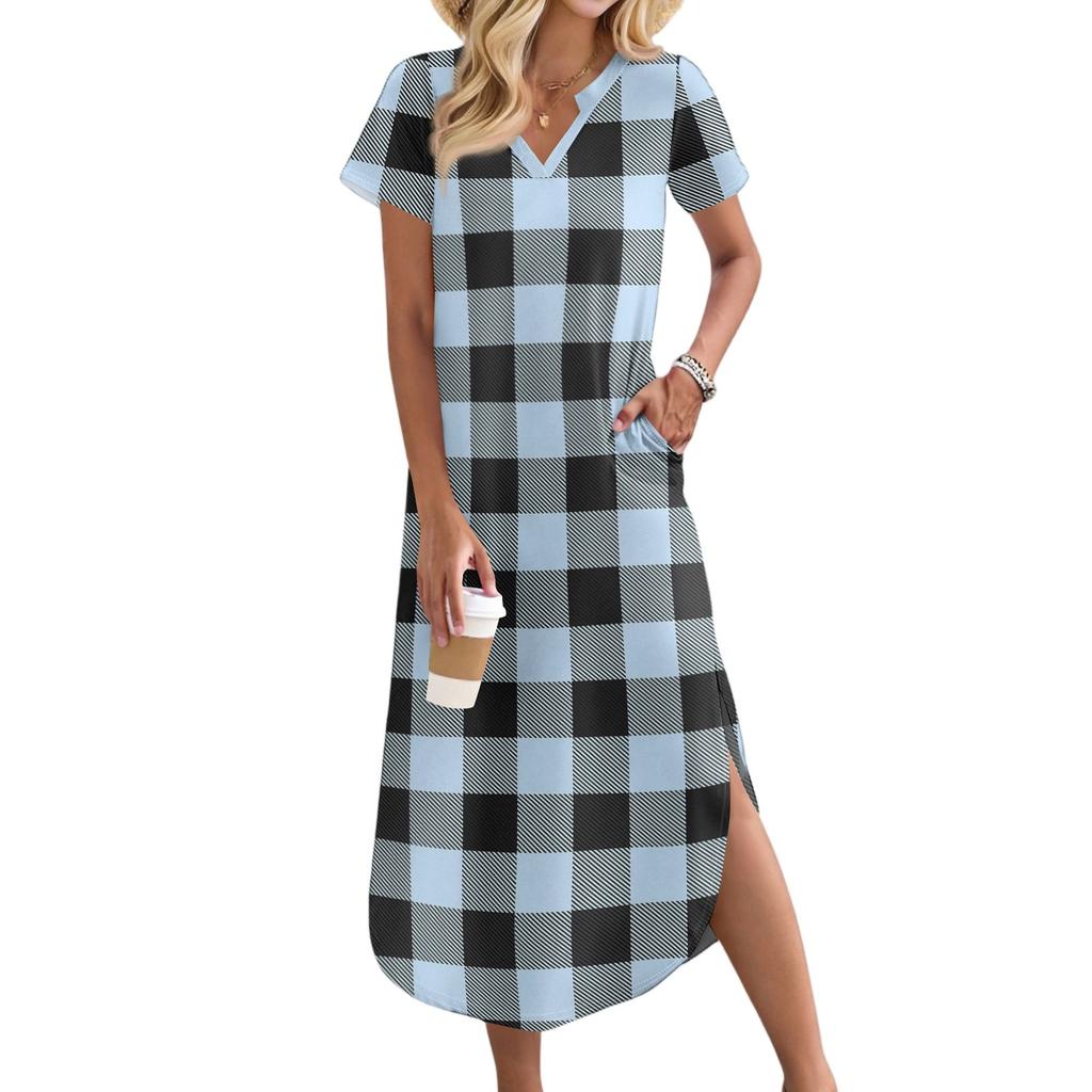 Women's Casual Comfortable V Neck Loose Hem Split Vacation Short Sleeve Plaid Long Dresses