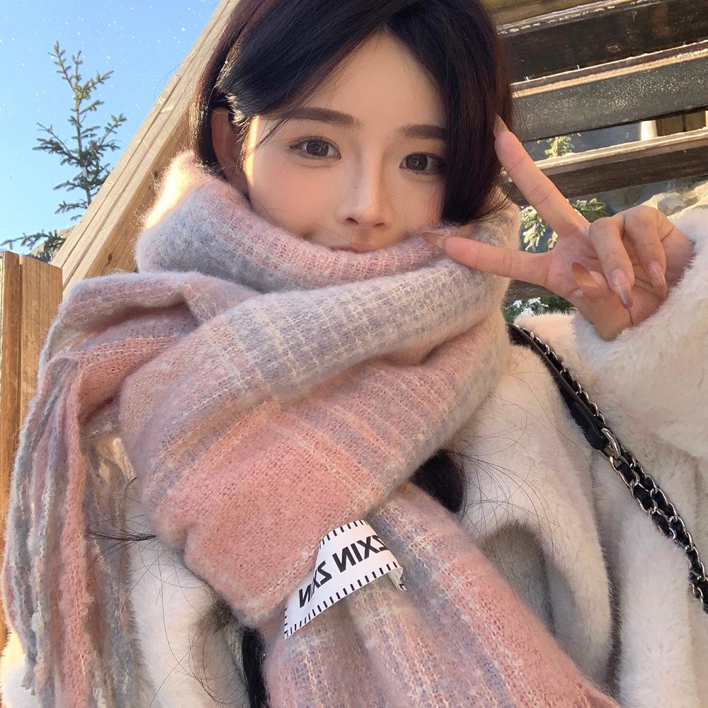 Korean Version Plaid Shawl Fringed Loop Yarn Scarf Female Winter Japanese Students Travel Versatile Thickened Warm Scarf
