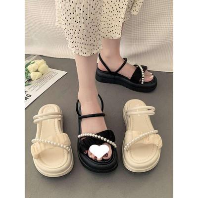 Two Wear Cool Slippers, Summer Wear Ins Tide 2025 New Fashion Pearl Fairy Style with Skirt Platform Sandals