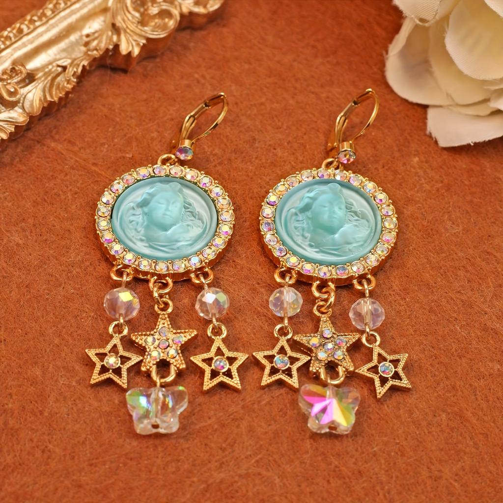 [Pair of Angelic Earrings] Vintage-Inspired Angelic Earrings with Sparkling Rhinestones, Star & Heart Charms - Zinc Alloy, Perfect for Women's Date Ni