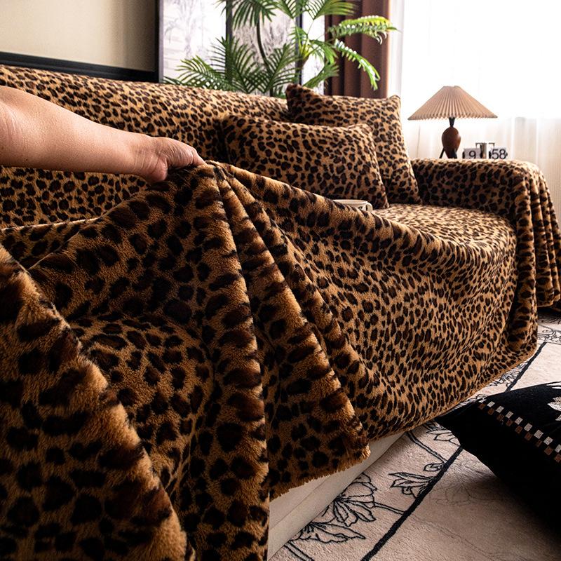 Winter thickened warm leopard print plush sofa seat cushion solid color sofa cover cloth sofa seat cushion living room