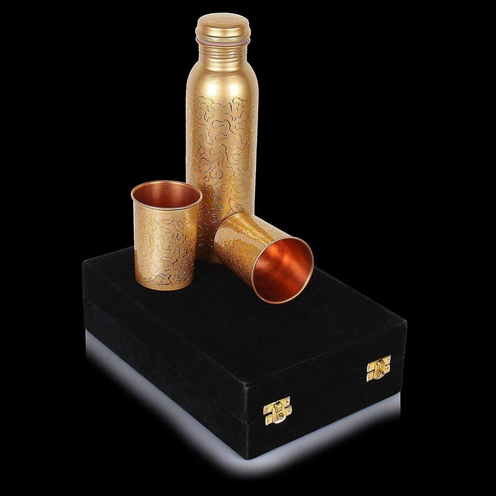 Copper Water Bottle, 1000ml, Set of 1, Green Print (Bottle With Glass)