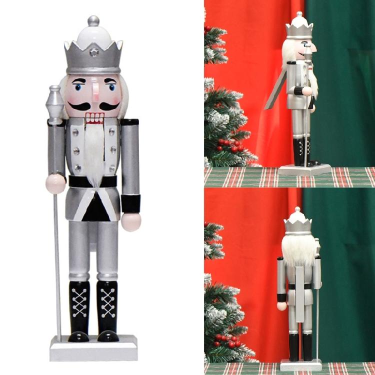 Dekoracyjne Drewniane Srebrne Dziadki do Orzechów 36cm Ręcznie Malowana Postać Króla Zabawka Świąteczne Dekoracje Stołu Dekoracje Świąteczne