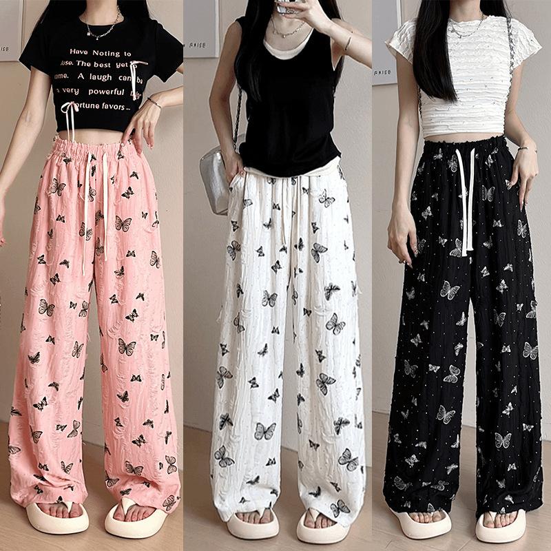 

Fashion ripped butterfly pants summer thin loose breathable printed casual pants women s versatile high waist thin leggings XXL розовый