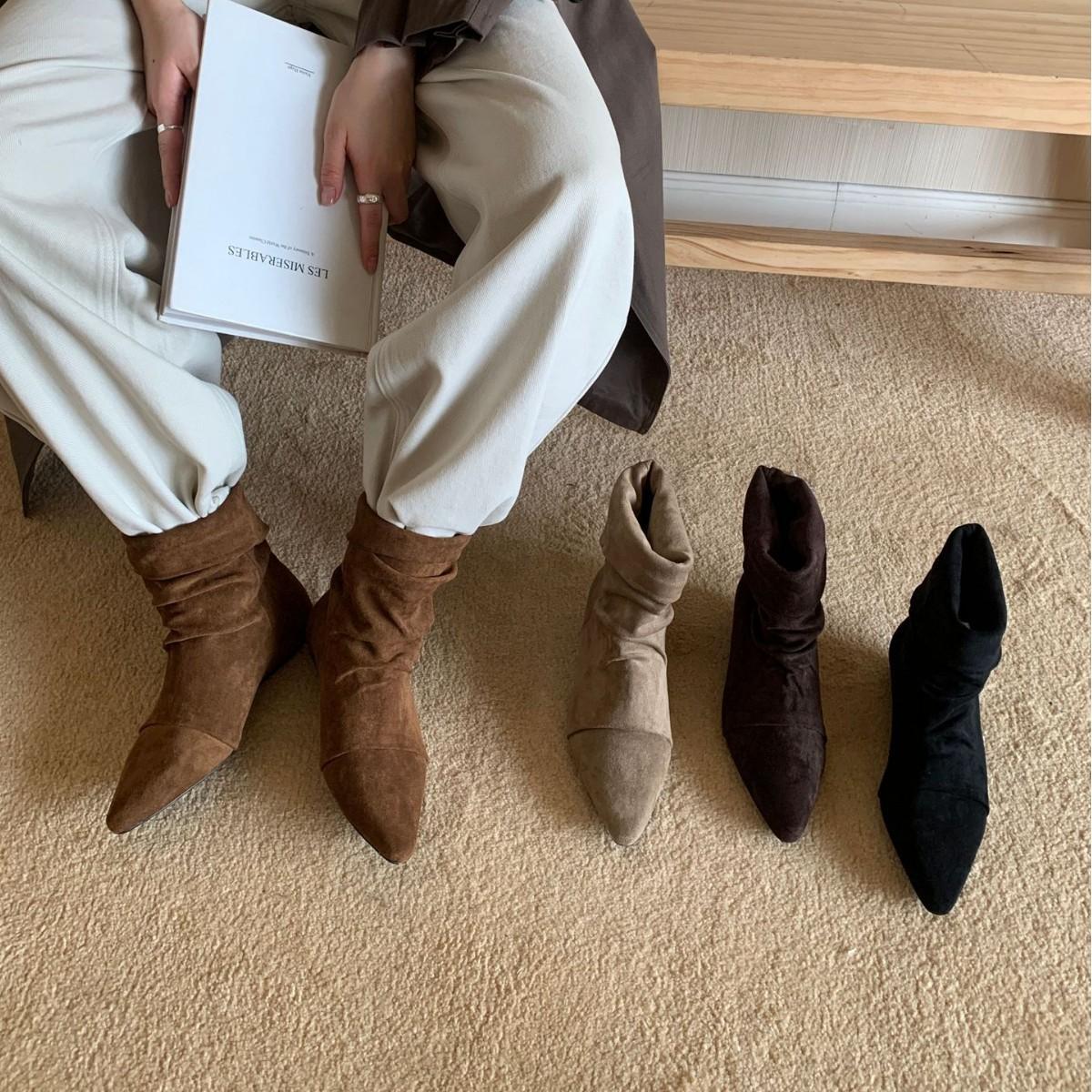 

2025 новые осенние замшевые ботильоны Мартин на тонком низком голенище, модные челси, универсальные женские ботинки для通勤 39 абрикосовый