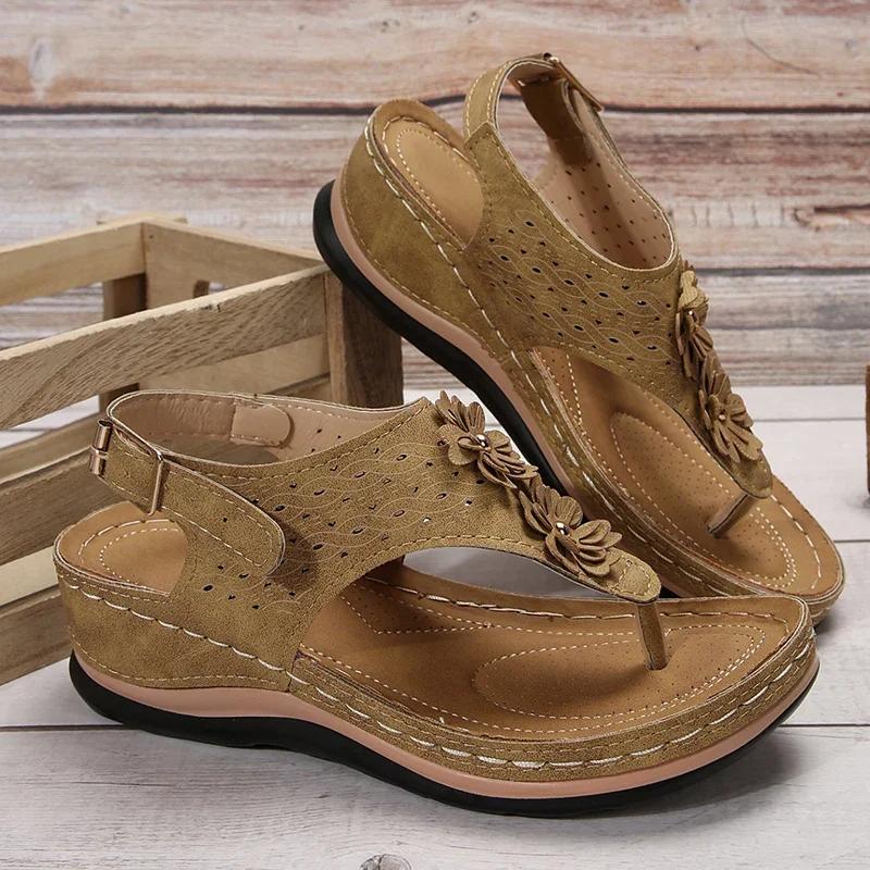 Fashion Flowers Decor Summer Womens Wedge Sandals Casual Clip Toe Platform Sandles Woman Comfortable Non Slip Rome Shoes Plus Size 43