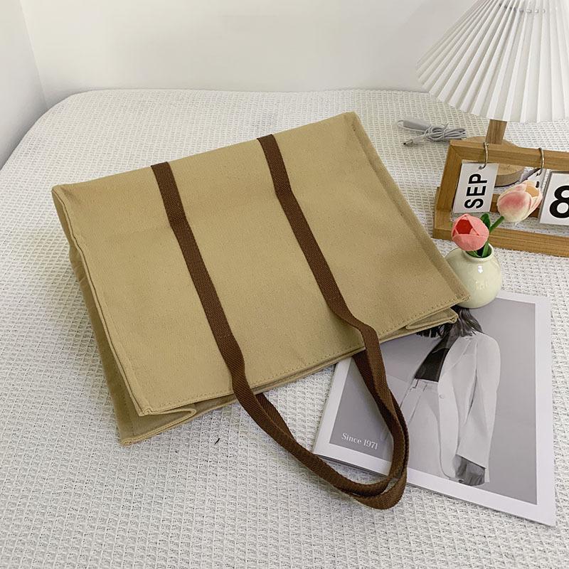 Simple and Stylish Large Capacity Hand-held Contrasting Canvas Bag, Japanese and Korean Three-dimensional Versatile Commuting Tote Bag