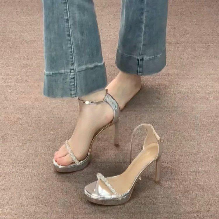 2025 summer new silver high-heeled sandals women's niche waterproof table rhinestone thin heel buckle sandals women