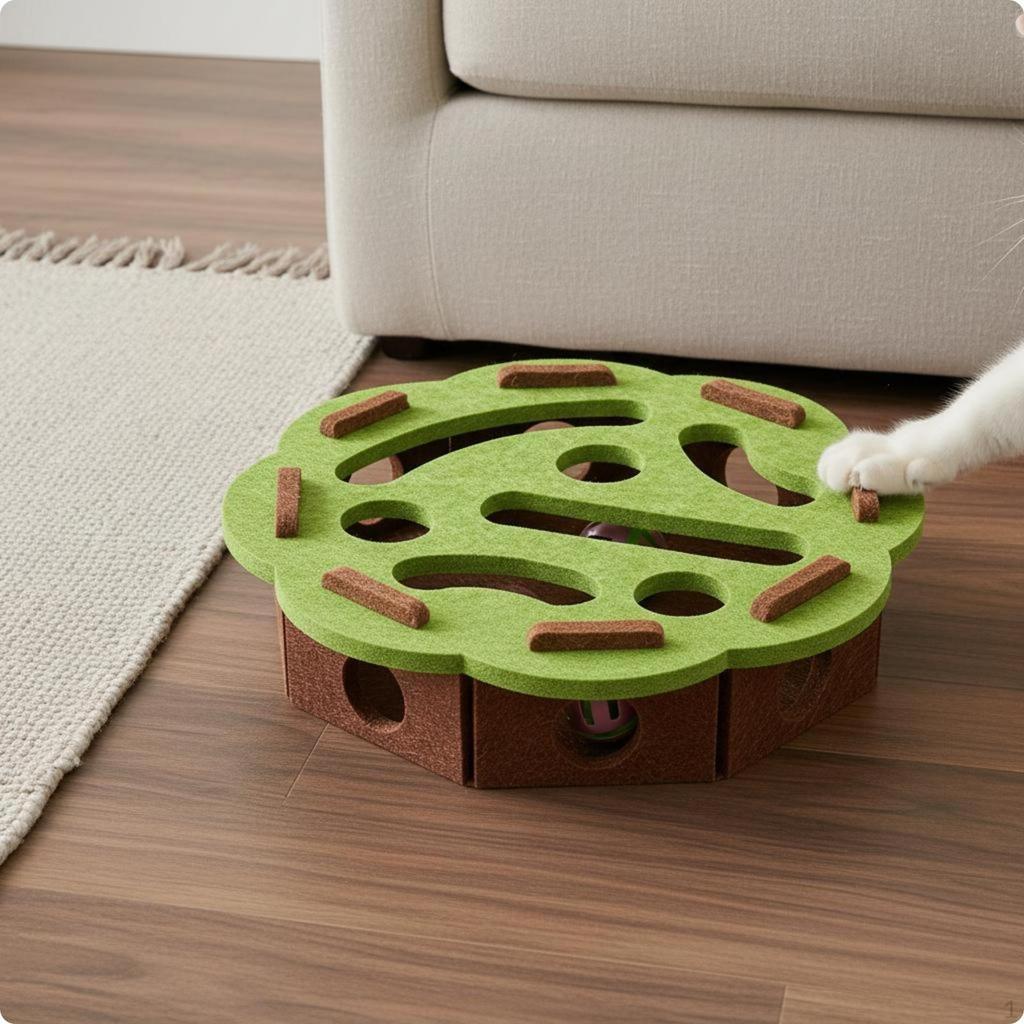 Felt Cat Toy Box Cutout Openings Maze Interactive Ball Batting Square Green Brown with 1