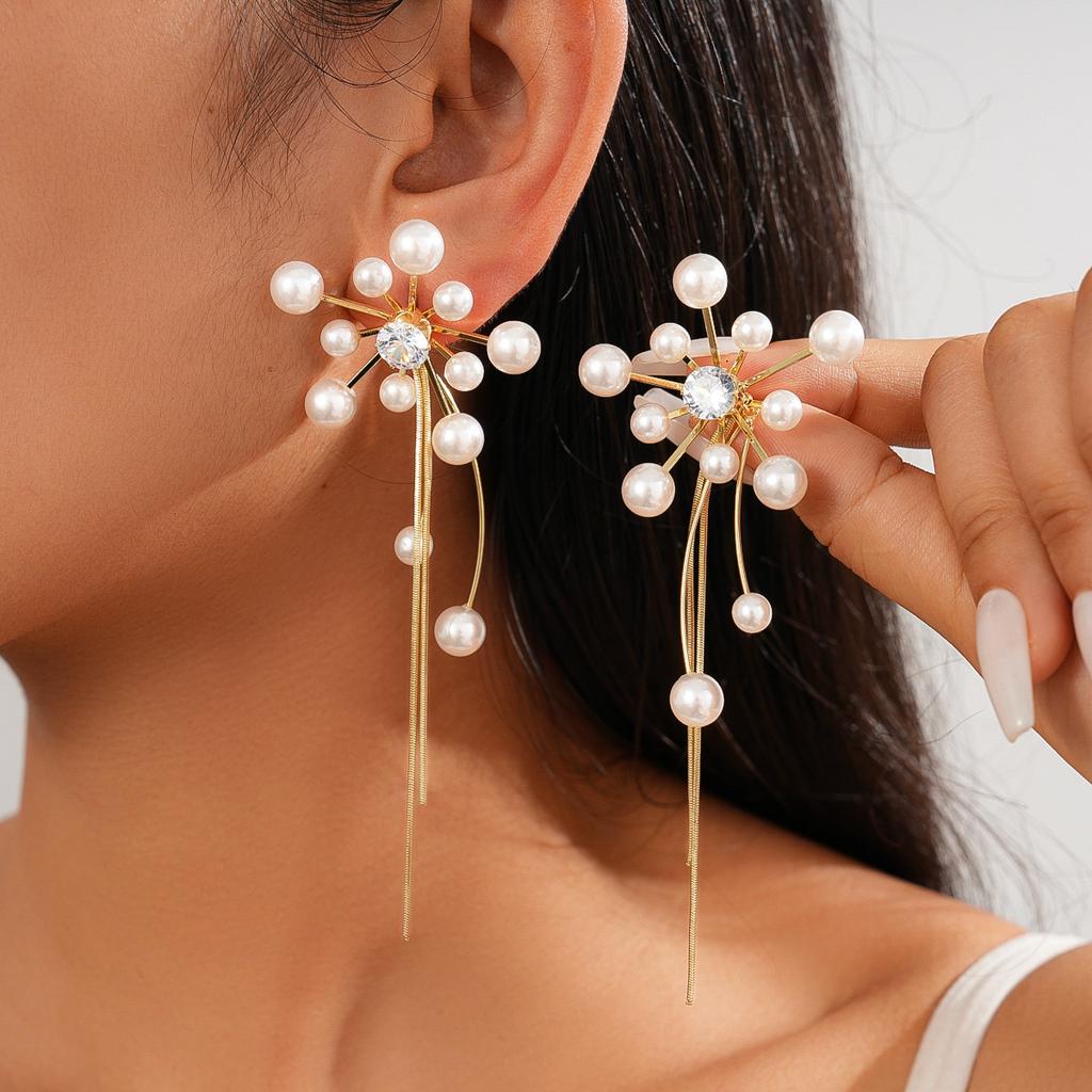 Zircon imitation pearl acrylic flower fringed silver needle earrings temperament earrings