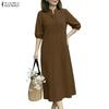Women Casual V-Neck Six Quarter Sleeve Loose Midi Dress