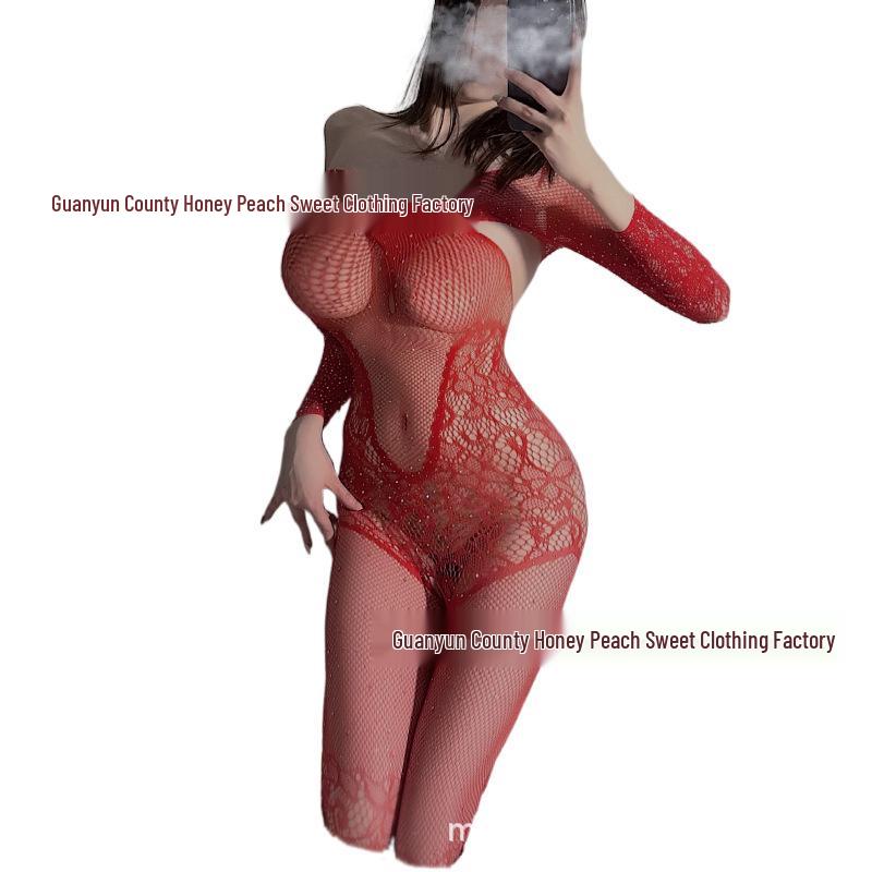 Sexy Red Fishnet Bodysuit with Long Sleeves & Open Crotch - Passionate Jacquard Lingerie for Christmas