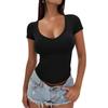 Women Fashion Slim Fit V Neck Short Sleeve Solid Cropped Casual T Shirt