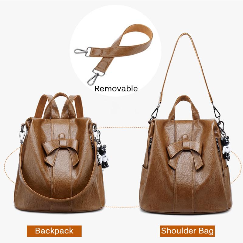 Zaini da Donna alla Moda con Fiocco 2025 Vera Pelle Zaini da Giorno per Signore Antifurto Pelle di Vacchetta Rugosa Borse Scolastiche con Ornamento Orso