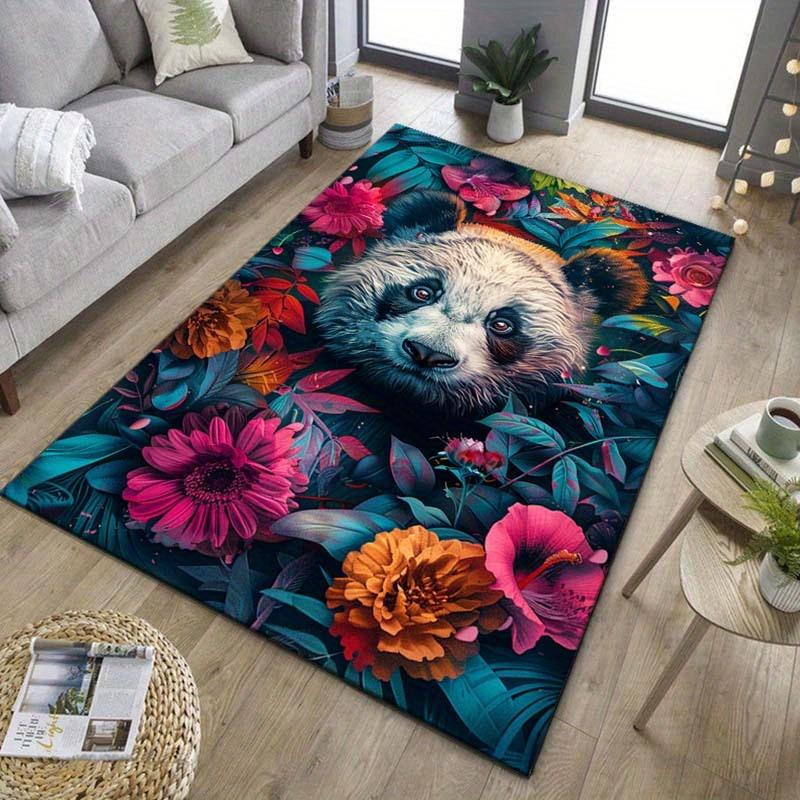 Panda Floral Rug - Colorful Tropical Flowers and Adorable Panda for Living Room Decor | Nature Inspired Carpets