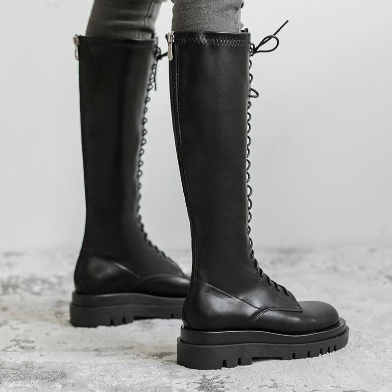 Martin Boots Black Thick-soled Slim Lace-up High Boots Long Knight Boots Women's Autumn and Winter