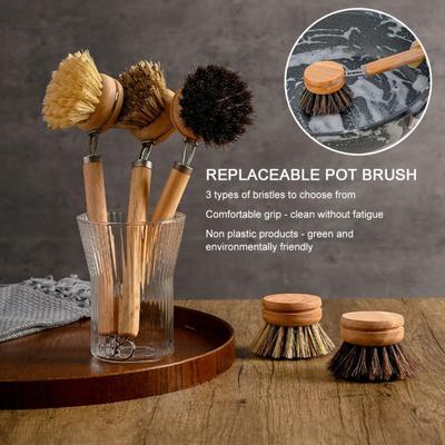 Spazzola per piatti sostituibile con manico in legno Rimuovi macchie Spazzola per pentole Portatile Spazzole abrasive per la pulizia della casa Accessori da cucina