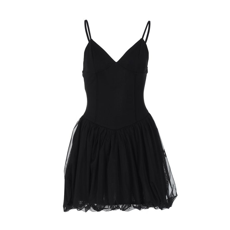 Shemoda Elegant Sexy Deep V Neck High Waist Silm Mesh Splicing Sling Dress Princess Puff Short Skirt