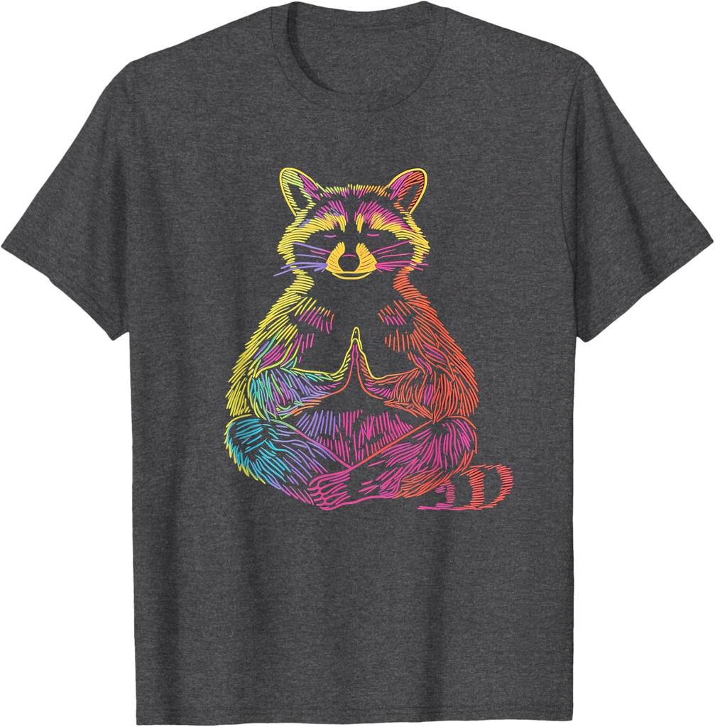 Meditating Raccoon Yoga Zen Funny Animal Rainbow Line Art Graphic Tee Men Casual Trip