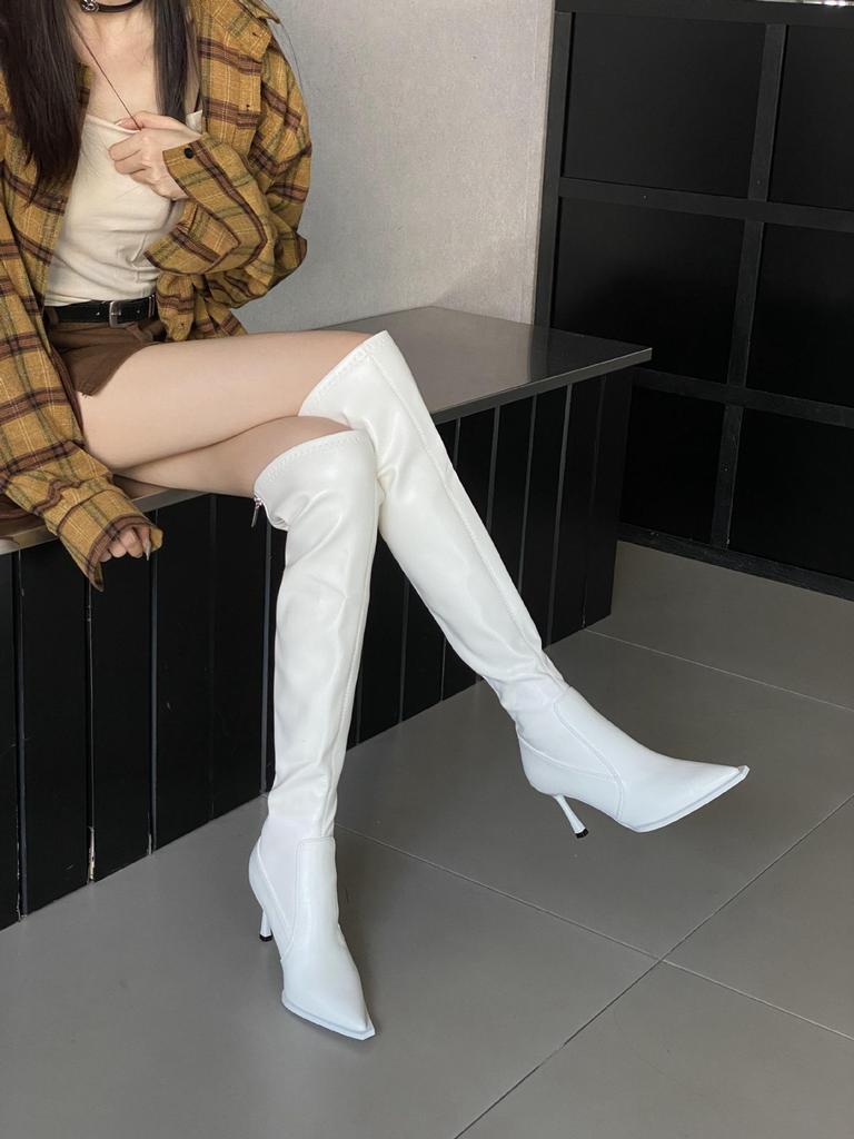 Over-knee boots women's 2025 autumn and winter new pointed thin heel Korean version versatile high heel elastic thin boots white boots