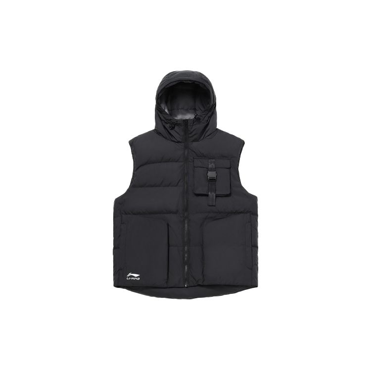 Li Ning Sports Training Warm Multi-Pocket Hooded Down Vest Men vest Black AMRQ039-1
