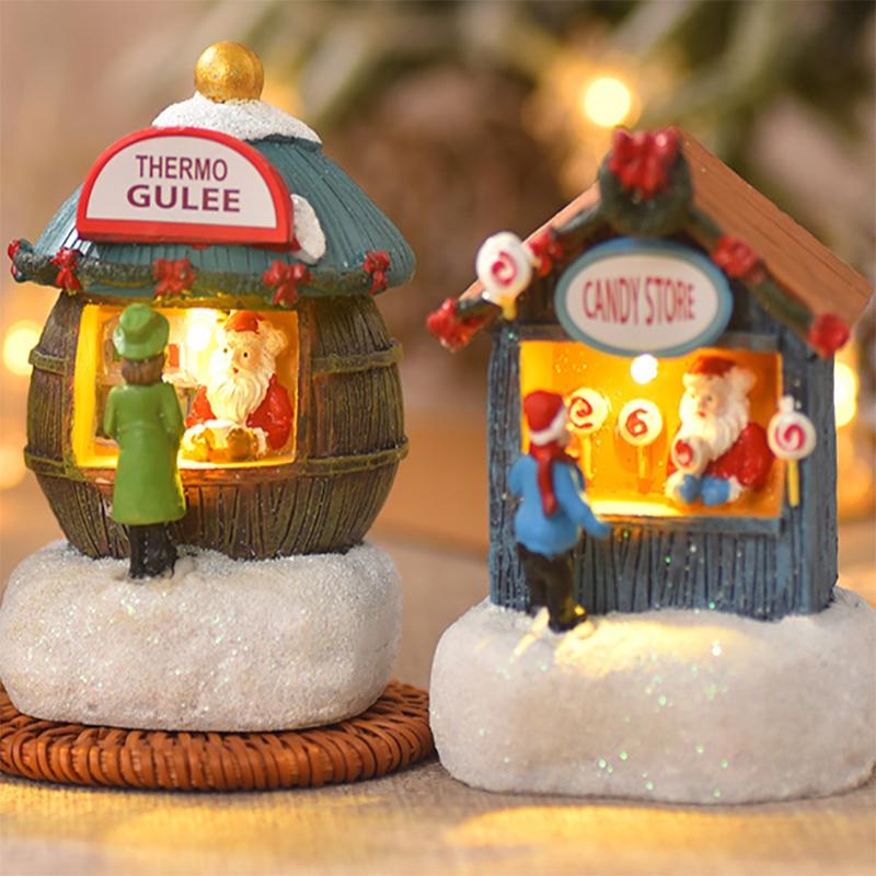 Christmas LED Houses Claus  Pine Needles Snow Christmas Snowman Glowing Ornaments Resin Santa View Holiday Gift Toys for Kids