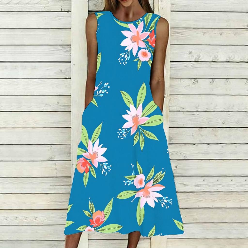 Oversized Female Sleeveless Round Neck Dress Fresh Tiny Floral Printed Loose Mid Length Outfit