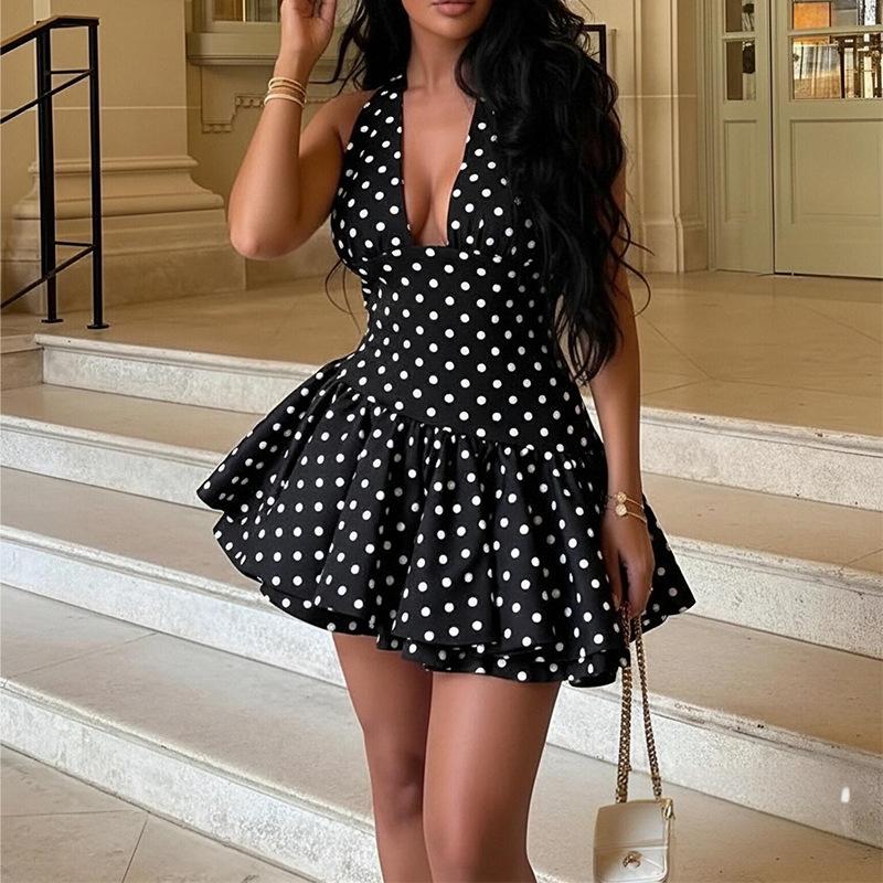 

Женская одежда, новые весенние модели в Европе и Америке, модное темпераментное платье в горошек с глубоким V-образным вырезом, сексуальное, короткая юбка S чёрный