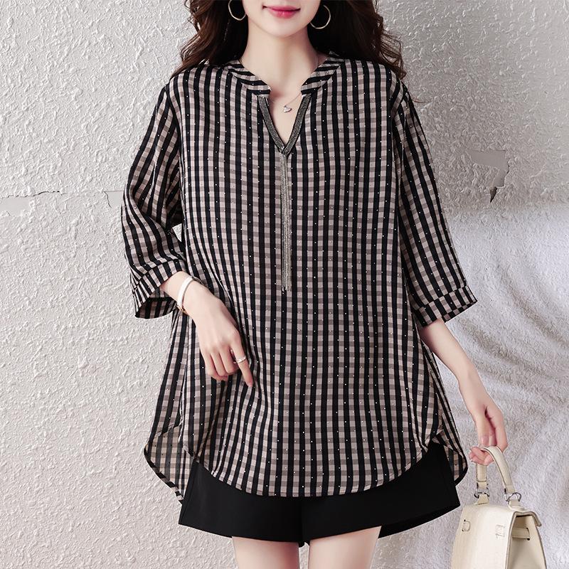 2026 Summer Plus Size Casual Striped Women s Shirt with Rhinestone Sparkle - Stylish for Chubby Girls 5XL