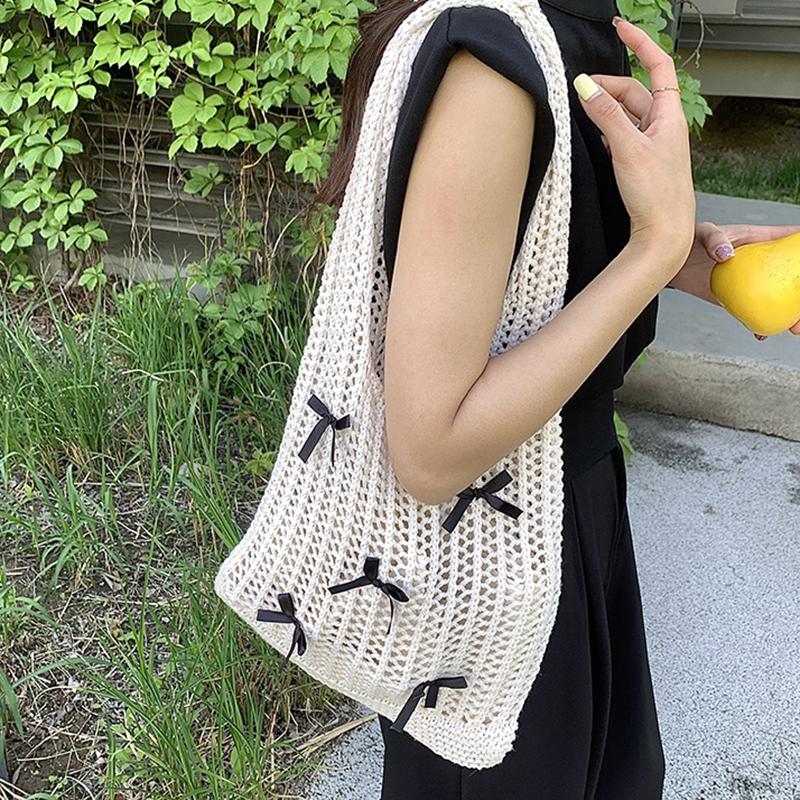 Yogodlns Bow Design Knitting Shopper Shopping Bag Female Shoulder Bags For Women Korean Fashion Soft Handbags Trend Travel Tote Bag
