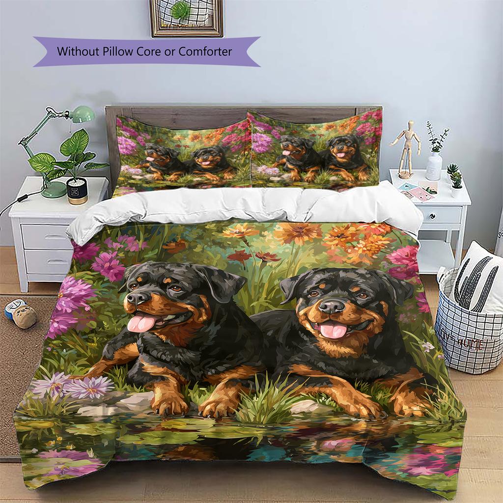 Rottweiler and garden Pattern Bedding Home Decoration Birthday Gift (1 * duvet cover + 2 * pillowcase, without core)