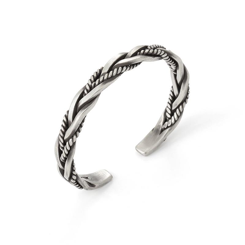 Retro Braided Open Bangle: S925 Silver Plated Unisex Bracelet - Trendy Heavy Industry Design