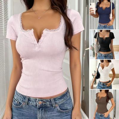Women Tops Slim Fit Square Neck Rib Knitted Shirt Pure Color Short Sleeve Lace Splicing Stretchy Tops with Buttons Detail Daily Wear