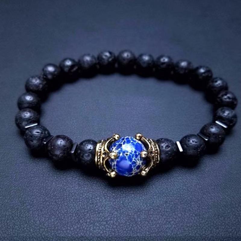 Luxury Men's Tiger Eye Stone Bead Bracelet with Crown