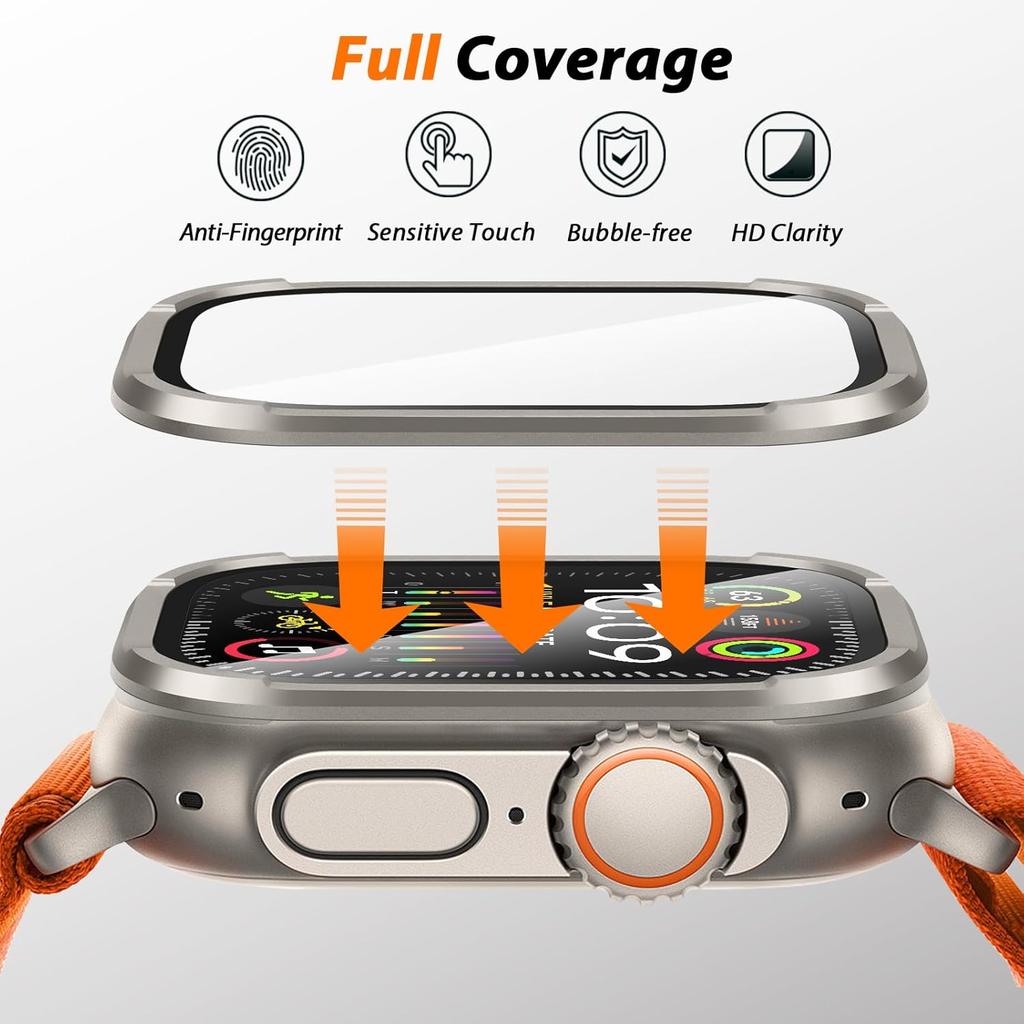 Amizee 2 Pack Metal Case Compatible with Apple Watch Ultra/Ultra 2 Screen Protector Case 49mm with Tempered Glass, Metal Frame Built In HD Glass
